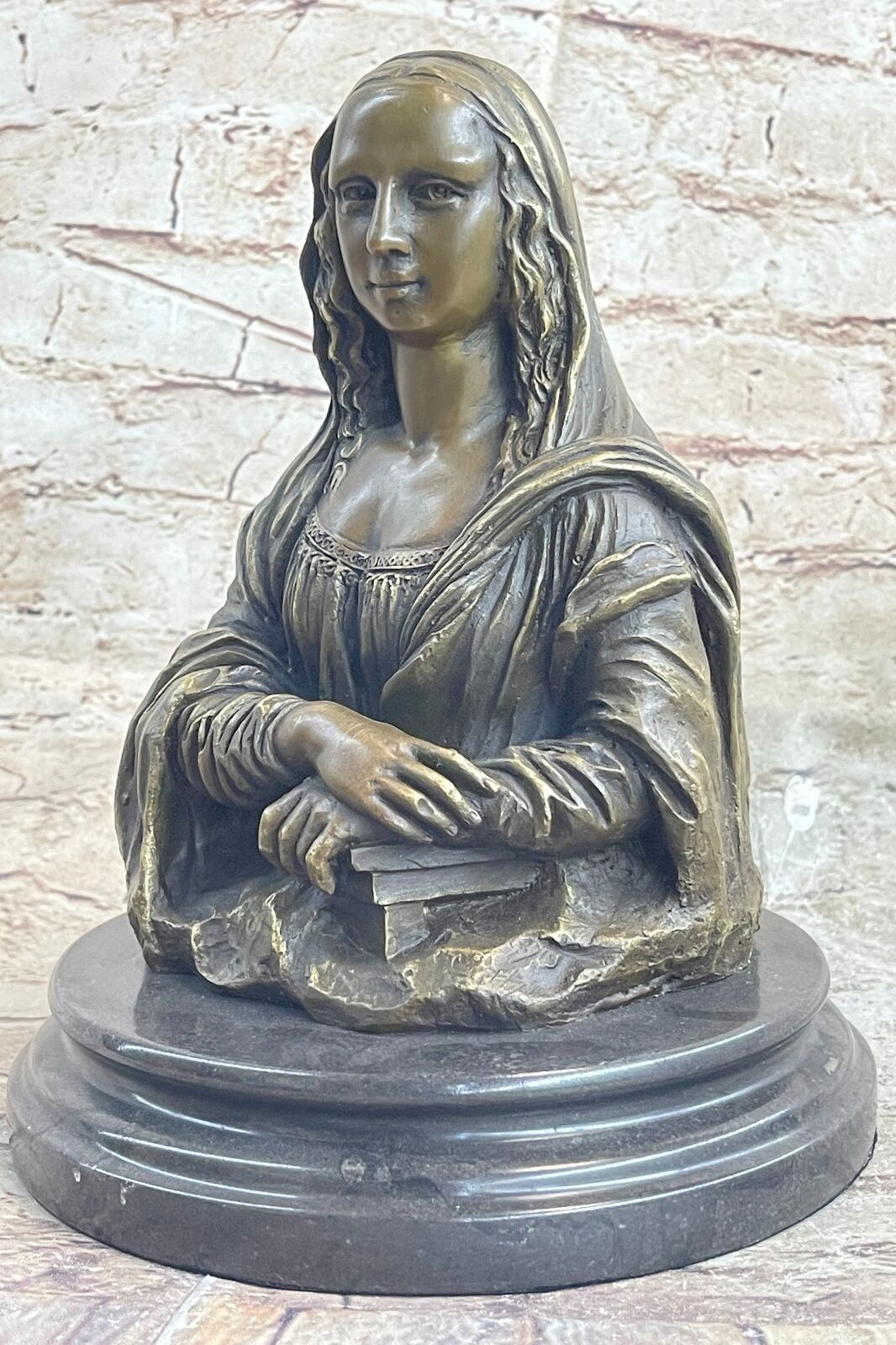 The Mona Lisa by Leonardo Da Vinci Bronze Metal Sculpture Casting on Marble Base