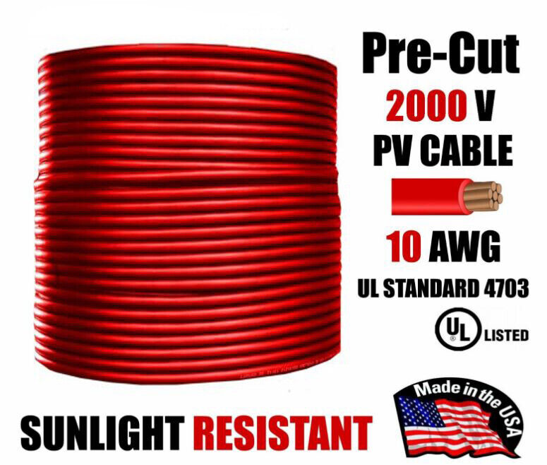 10 AWG Gauge PV Wire 1000/2000 Volt Pre-Cut 15-500 Ft Solar Installation RED