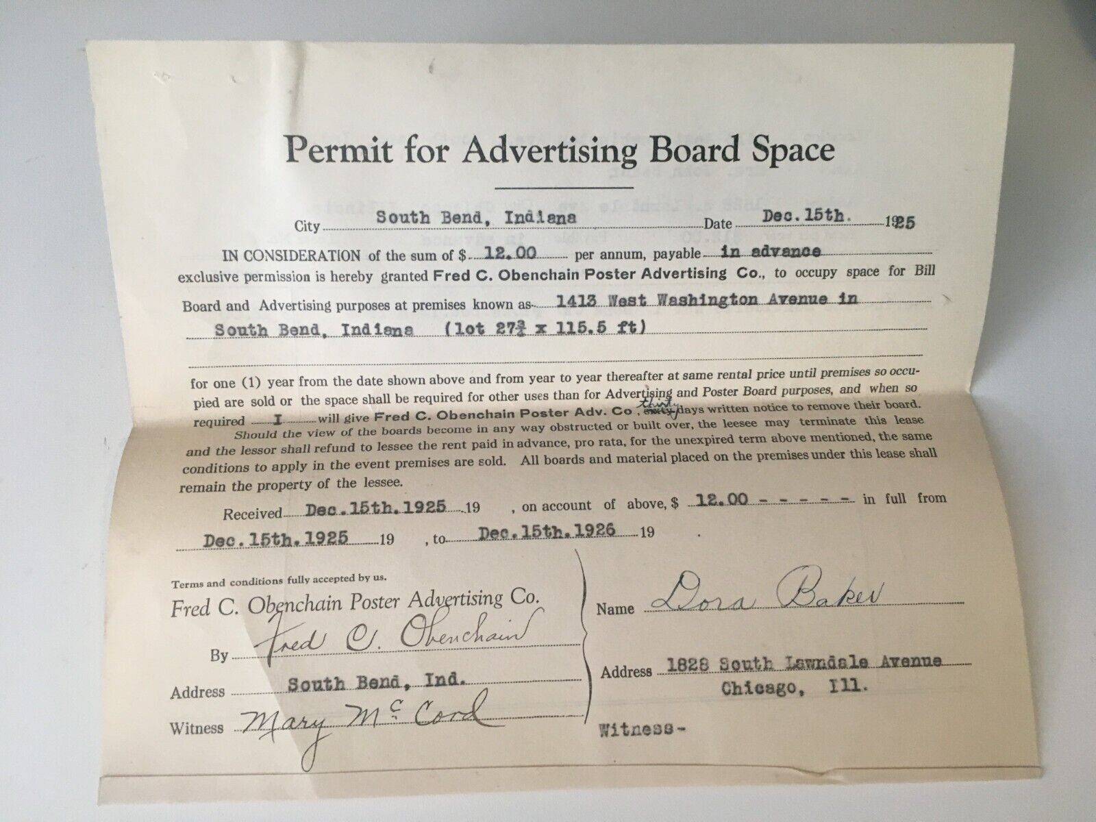 Antique 1925 Permit for Advertising Board Space Fred Obenchain South Bend  IN