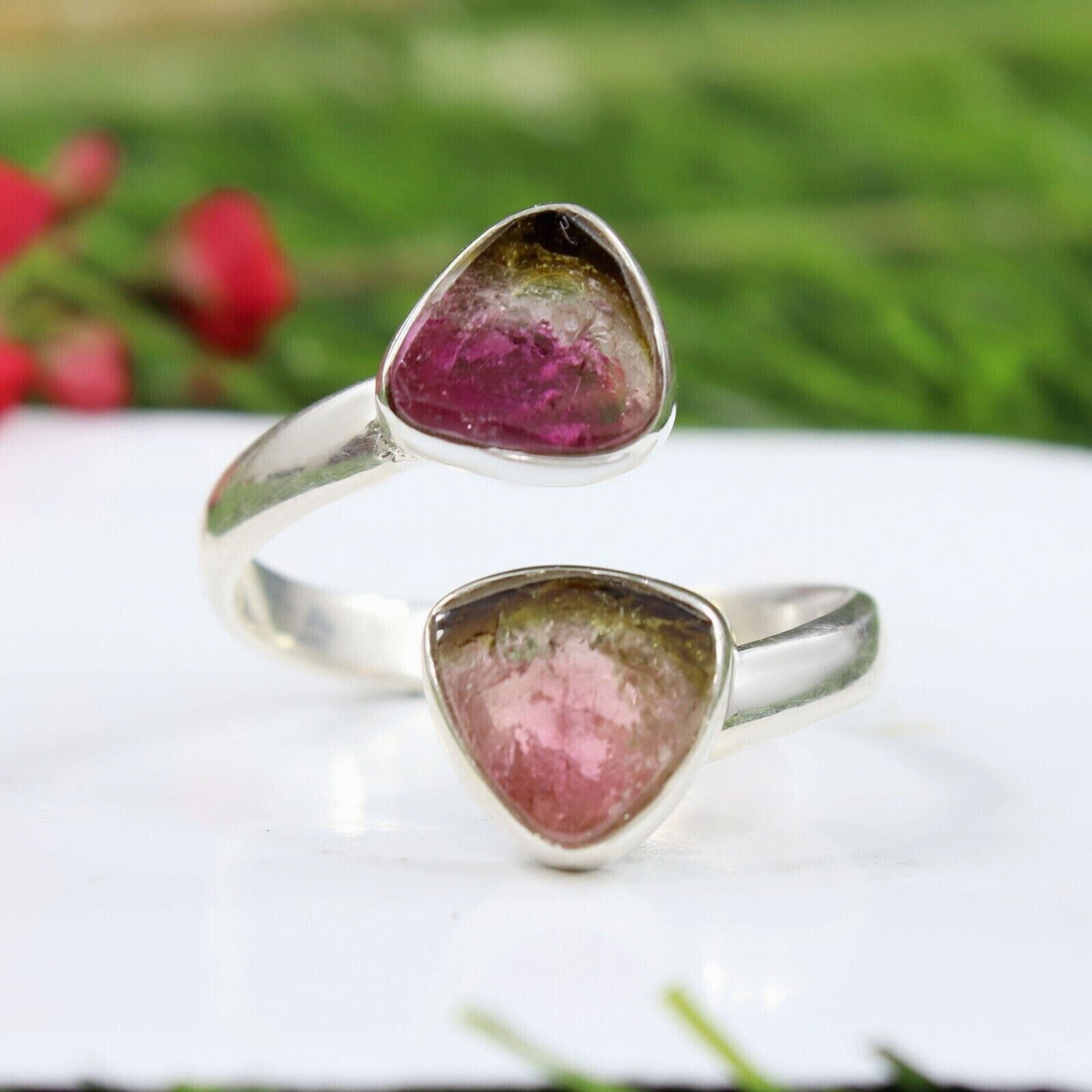 Top Natural Watermelon Tourmaline Handmade Solid 925 Silver Bypass Ring S-9