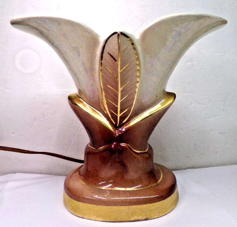 Vintage MCM Esco-Lite HOLLYWOOD Pottery TV Lamp Light - Pearlized Leaf w/Gold
