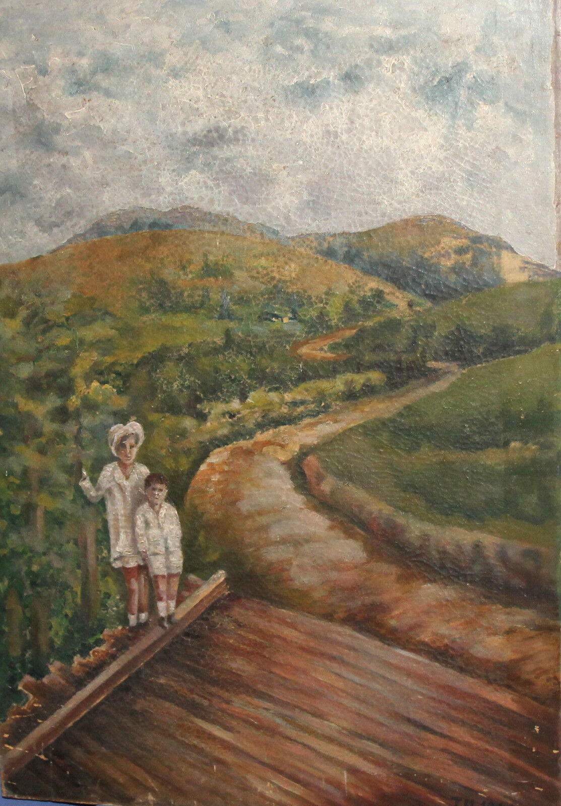 Antique 1942 European oil painting landscape 