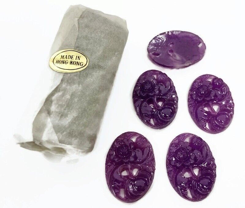 12 Vintage Hong Kong Amethyst Purple Resin Floral 25x18mm. Cabochon Cameos 226PT
