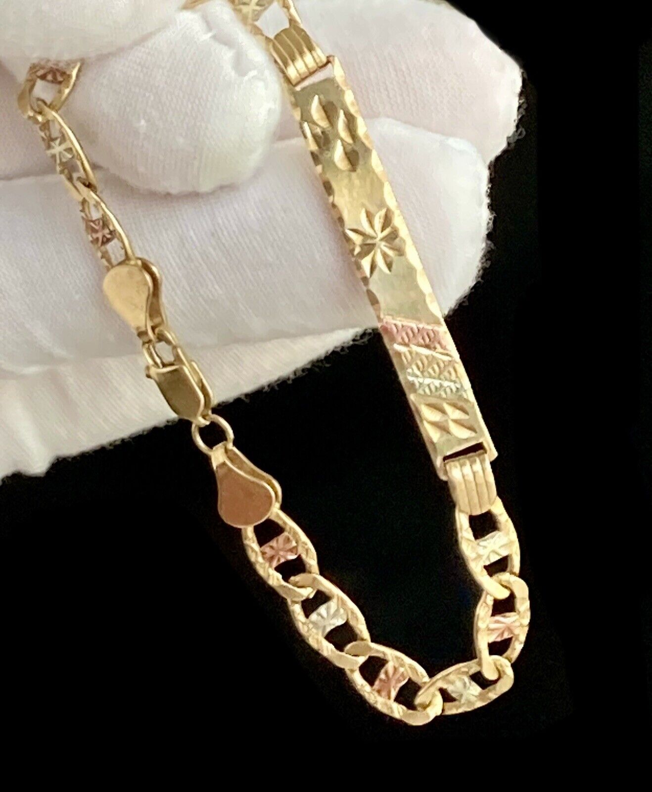 Vintage 14k Yellow Gold Plated Bracelet Tri Tone Mariner Link 7.5in Mexico 8.45g