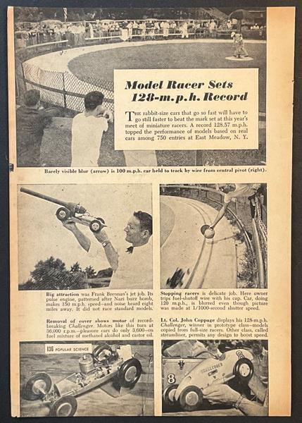 “Model Racer Sets 128mph Record” 1948 article Dooling Challenger +Tether Ram Jet
