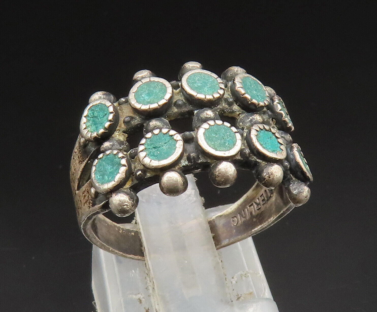 SOUTHWESTERN 925 Silver - Vintage Beaded Double Row Turquoise Ring Sz 7- RG24610