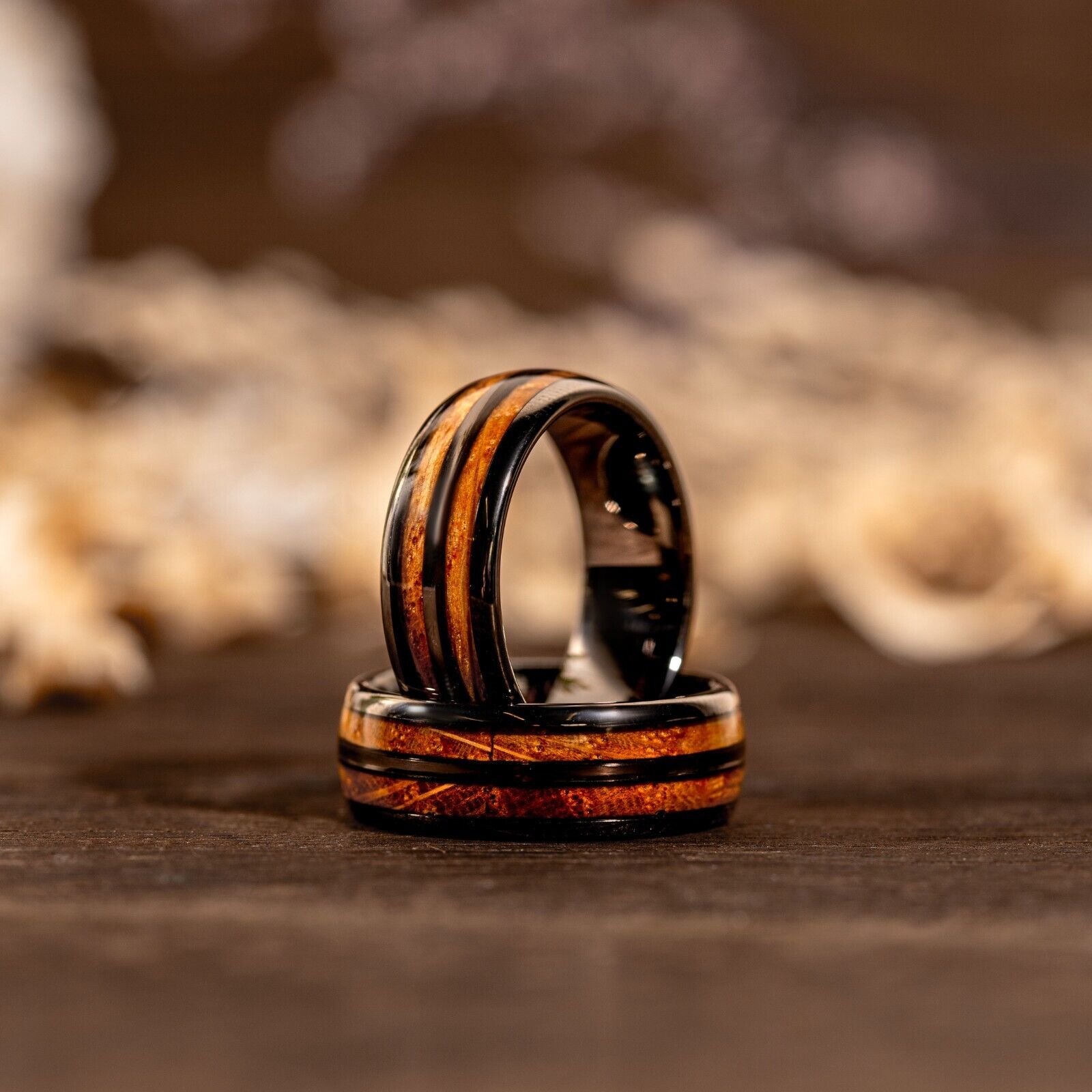Whiskey Barrel Ring Wood Unique Mens Wedding Band Black Solid Tungsten Ring