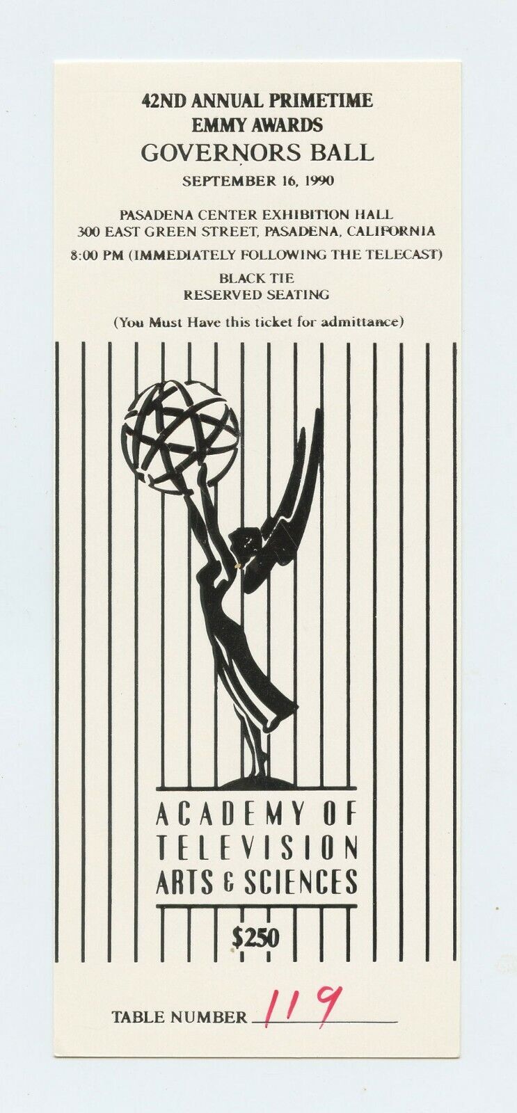 1990 42nd Annual Emmy Awards Governors Ball Vintage Ticket 
