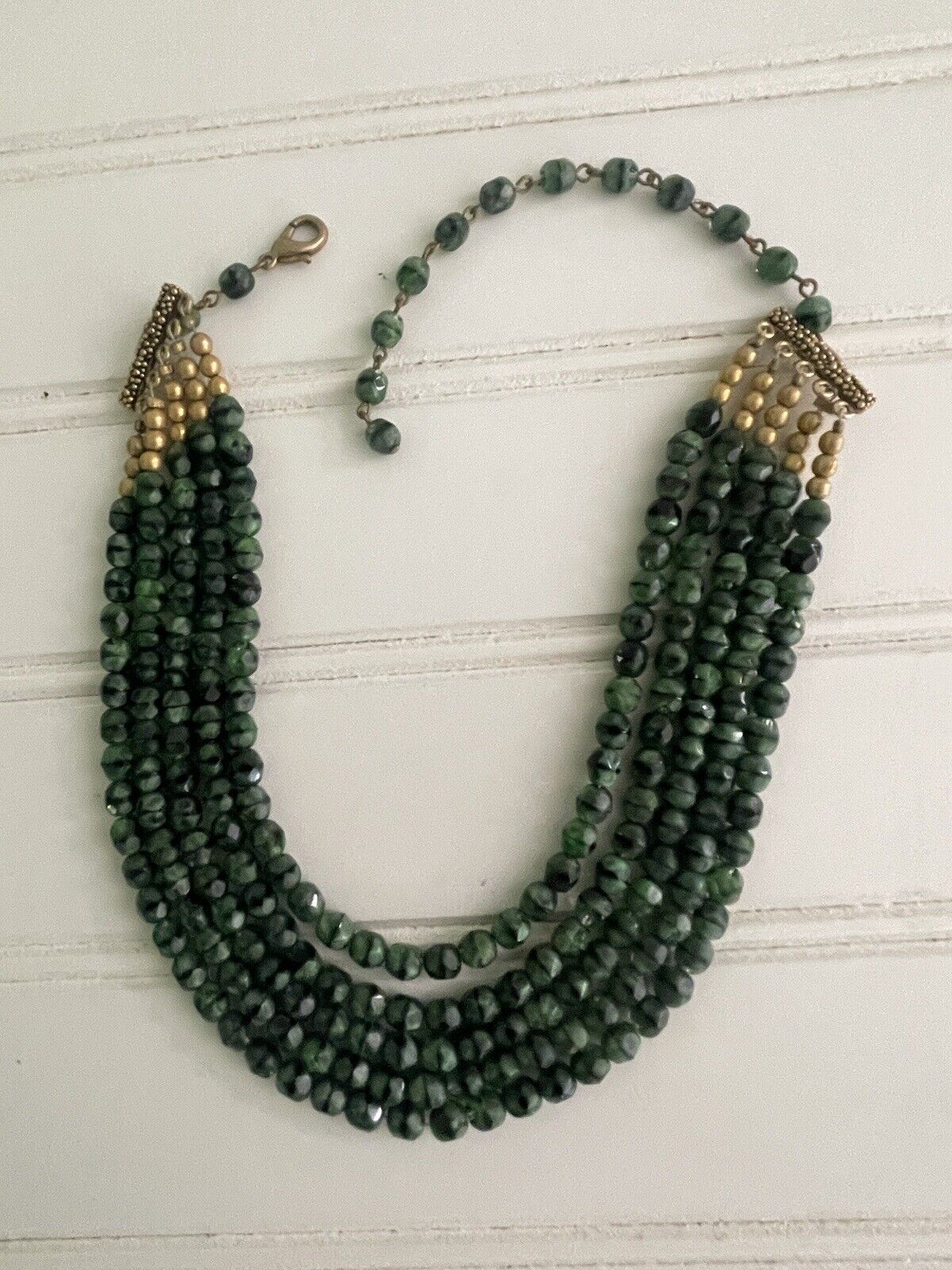 Vintage Cocktail Layered Green Tiered Gold Tone Beads Adjustable Retro Necklace