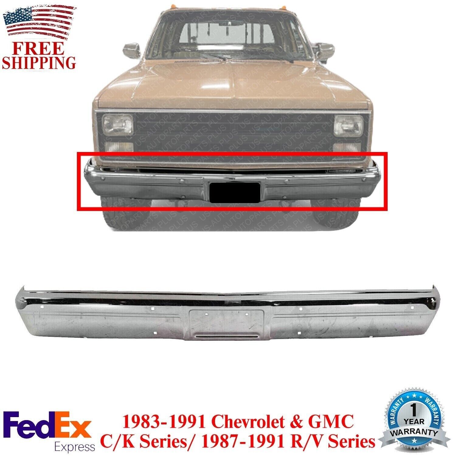 Front Bumper Chrome w/o Impact Strip Holes For 1983-1991 Chevy & GMC C/K Series