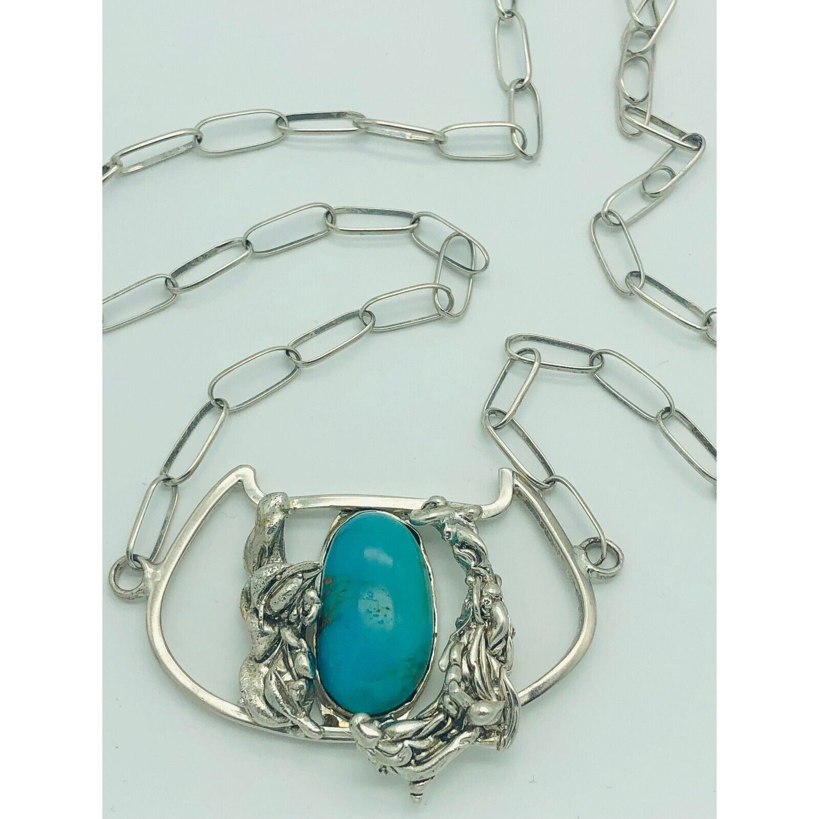 Vintage Sterling Silver Native American Navajo Turquoise Paper Clip Link Chain
