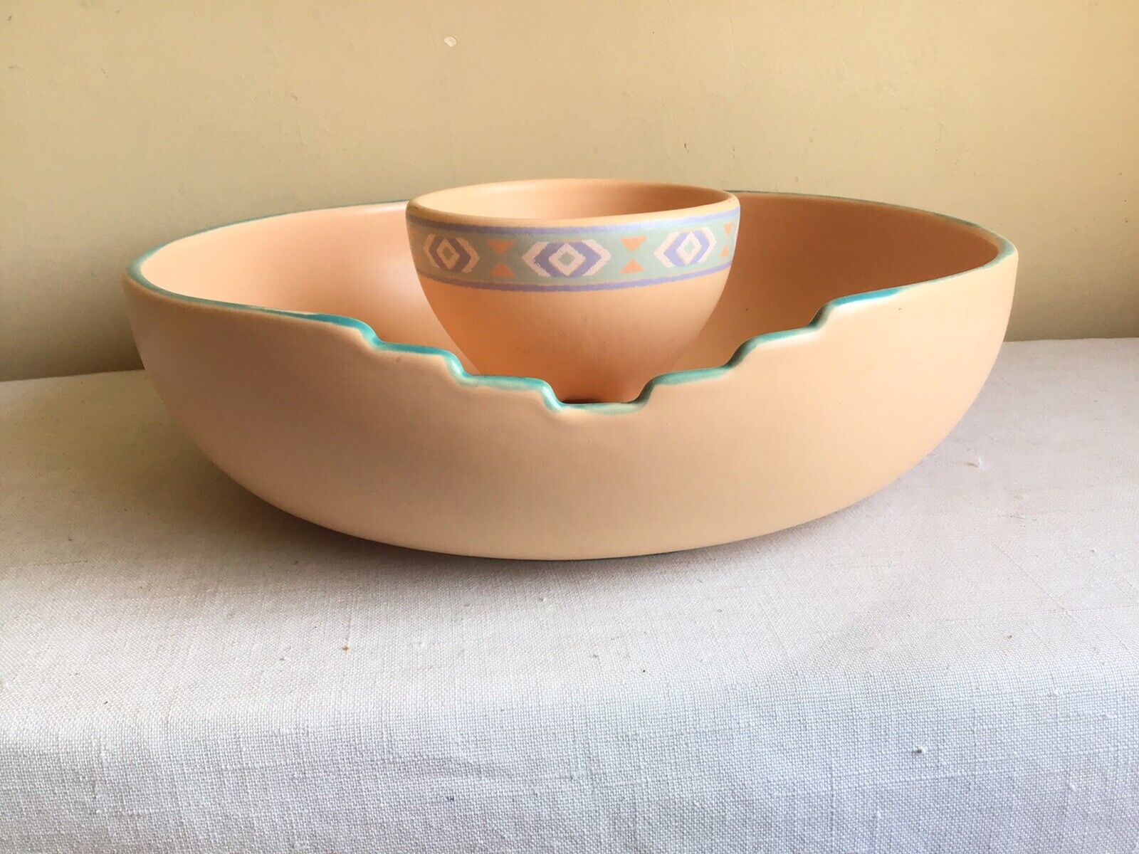 Vintage Tresure Craft Southwest Navajo Pattern Chip And Dip Serving Bowl Set USA