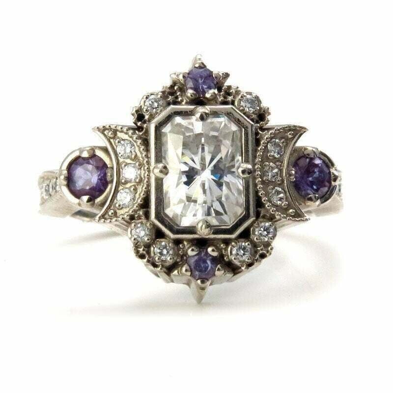 Vintage Art Deco Style Lab Created Diamond Moon Goddess Wedding 925 Silver Ring