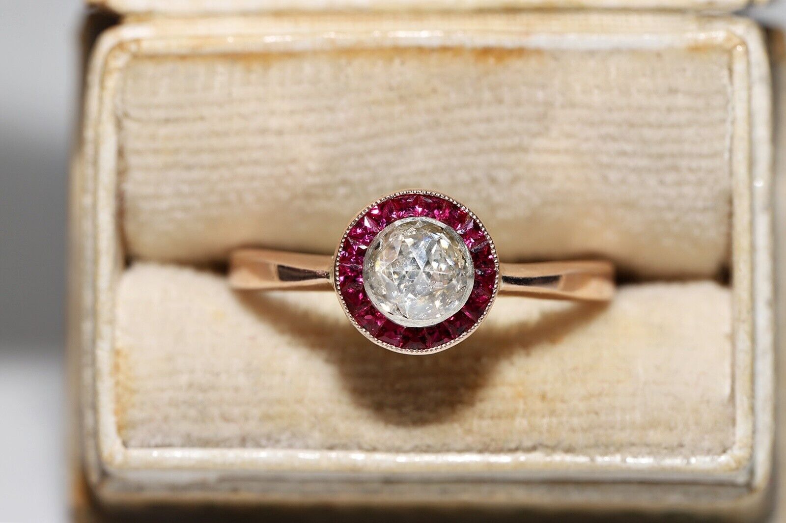 Antique Circa 1920s Art Deco 8k Gold Natural Rose Cut Diamond And Ruby Ring