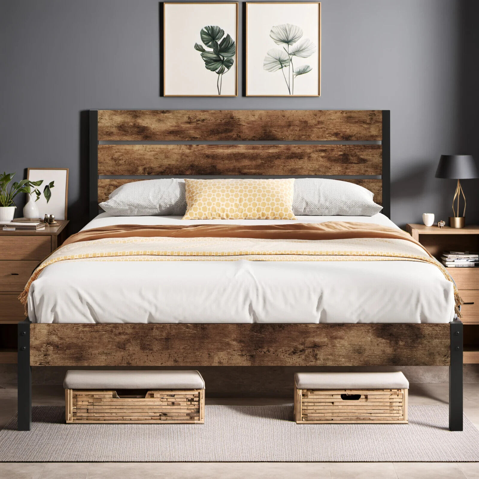 Vintage Wood Queen Bed Frame with Head Frame