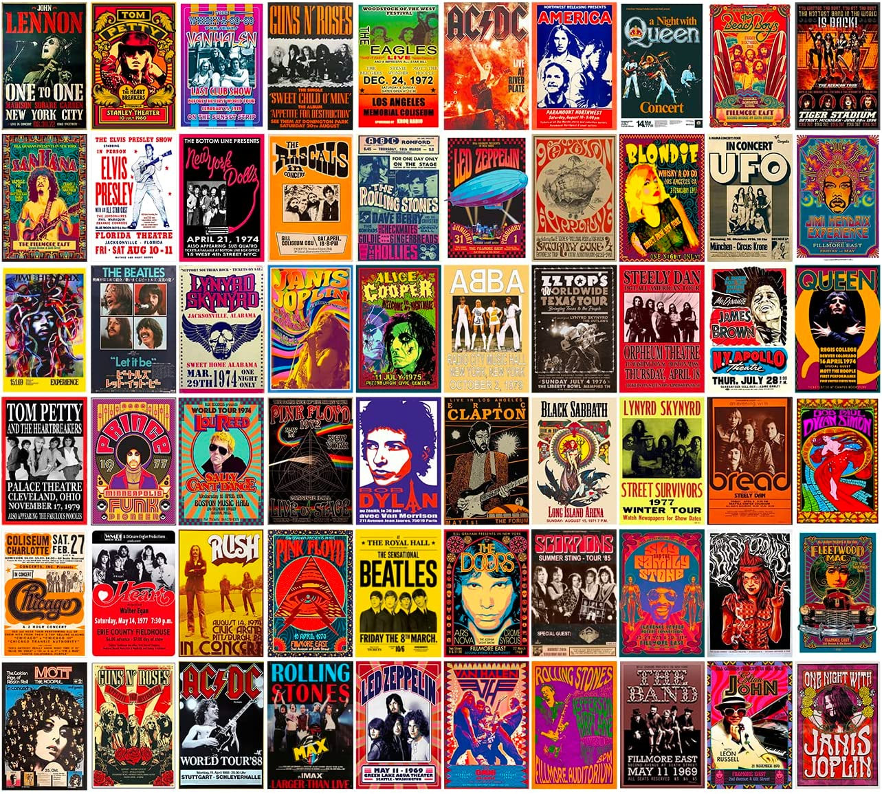 60 PC Vintage Rock Band Posters, 70S 80S 90S Retro Concert Prints, Bedroom Wall 