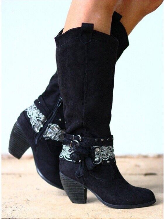 Not Rated Black Bow Buckle Fabric Western Boho Cowboy Cowgirl Boots Sz 6.5 $99