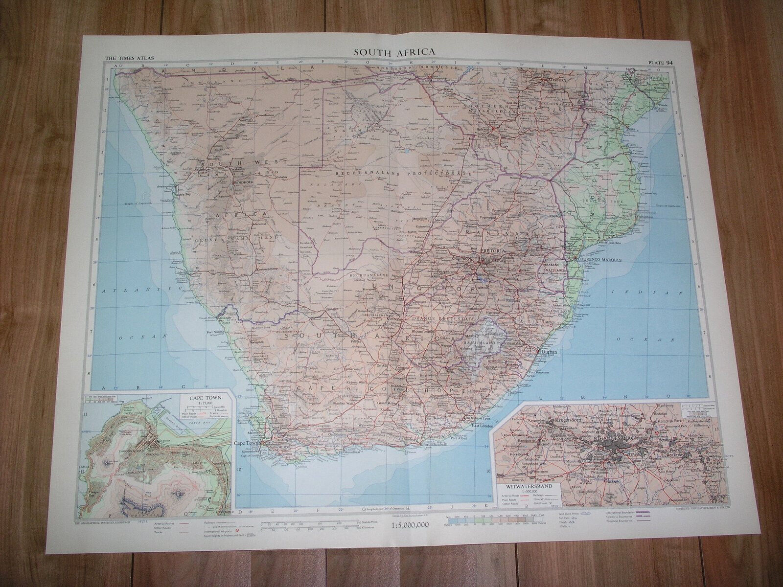 1956 VINTAGE MAP OF SOUTH AFRICA CAPE TOWN JOHANNESBURG NAMIBIA RHODESIA