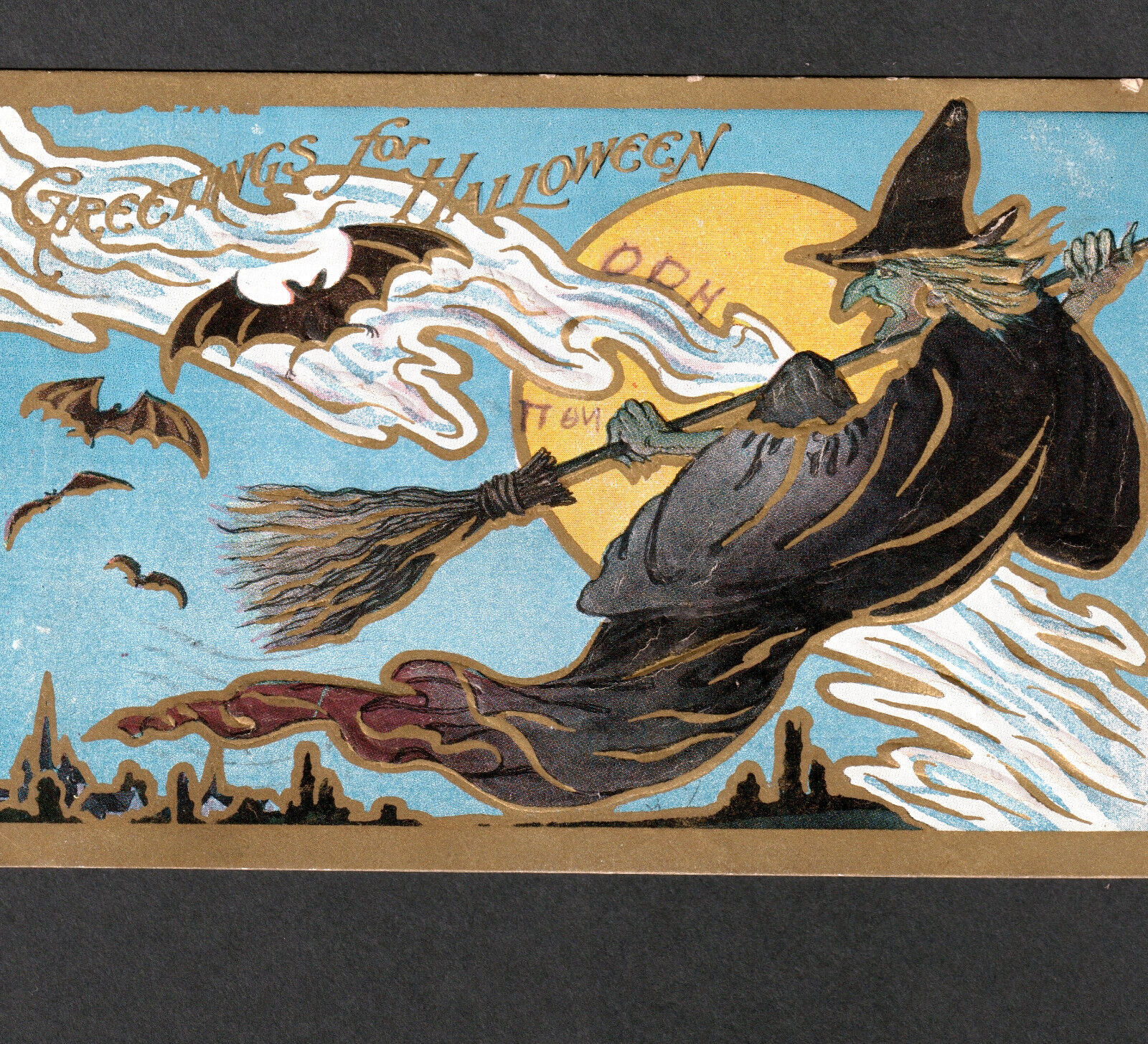 Witch Greetings for Halloween 1908 Rose TRG RO5 Bats Moon Broom Antique PostCard