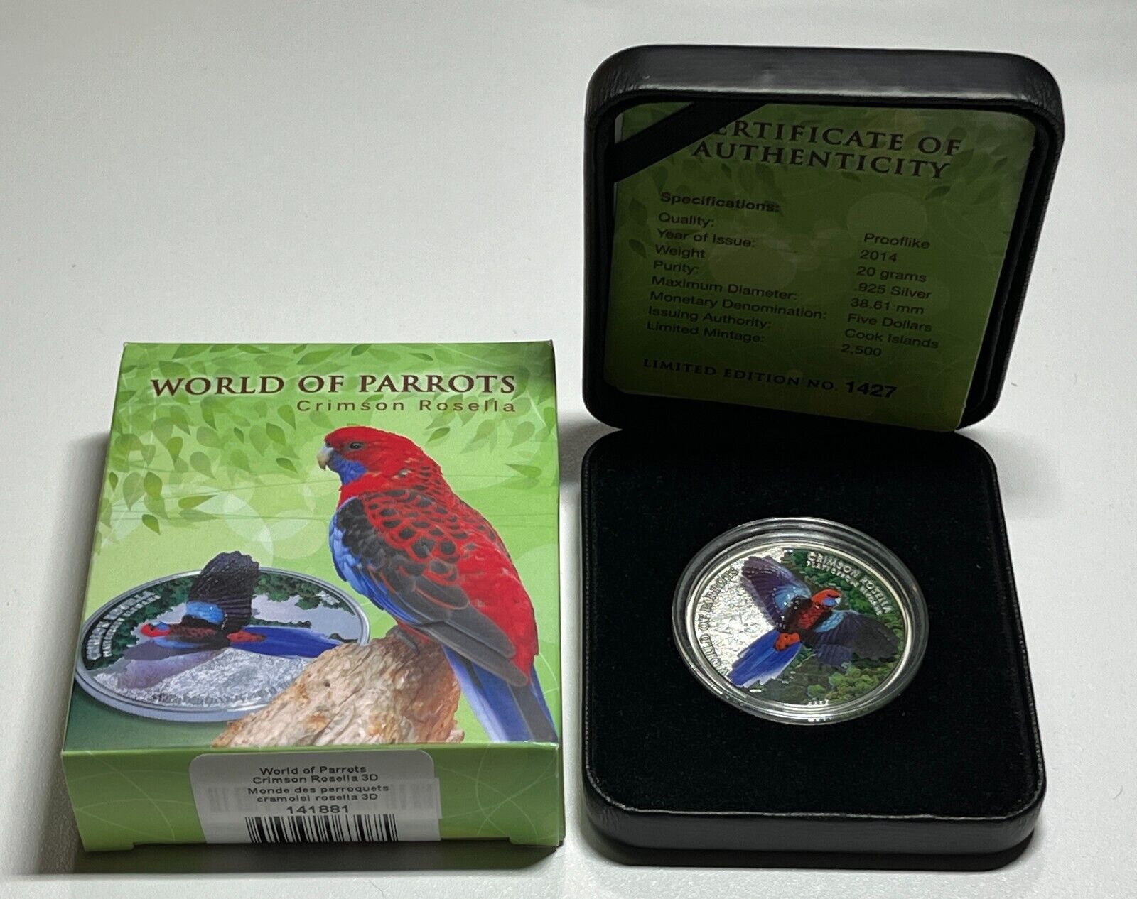 2014 Cook Islands $5 Silver Proof \'3D World of Parrots - Crimson Rosella\'