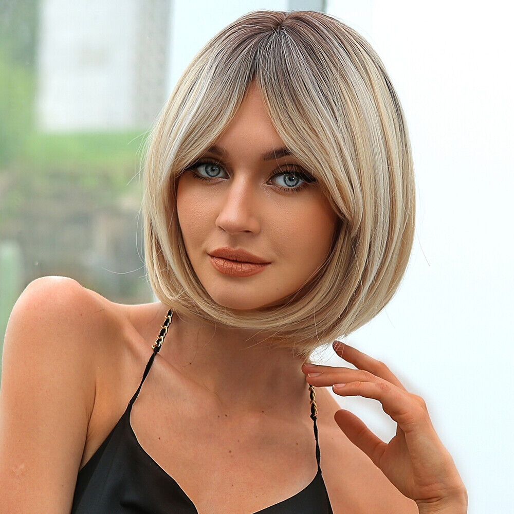 Short Straight Bob Wig Root Ombre Blonde Hair Wigs with Bangs for Women US