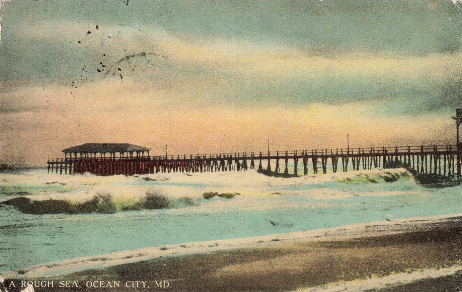 A Rough Sea View of Pier Ocean City Maryland MD 1912 Vintage Postcard