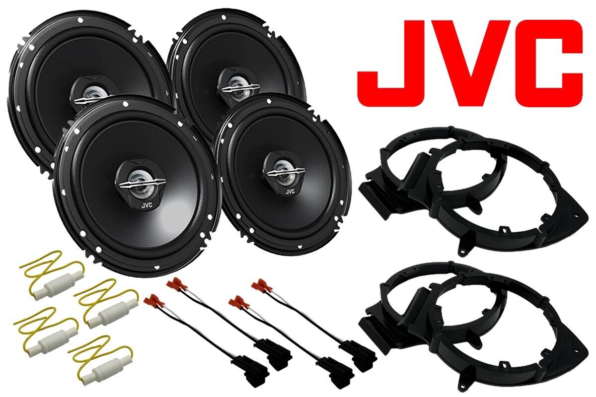 NEW JVC Front & Rear Speakers w/ Mounting Brackets, Wire Harness & Bass Blockers