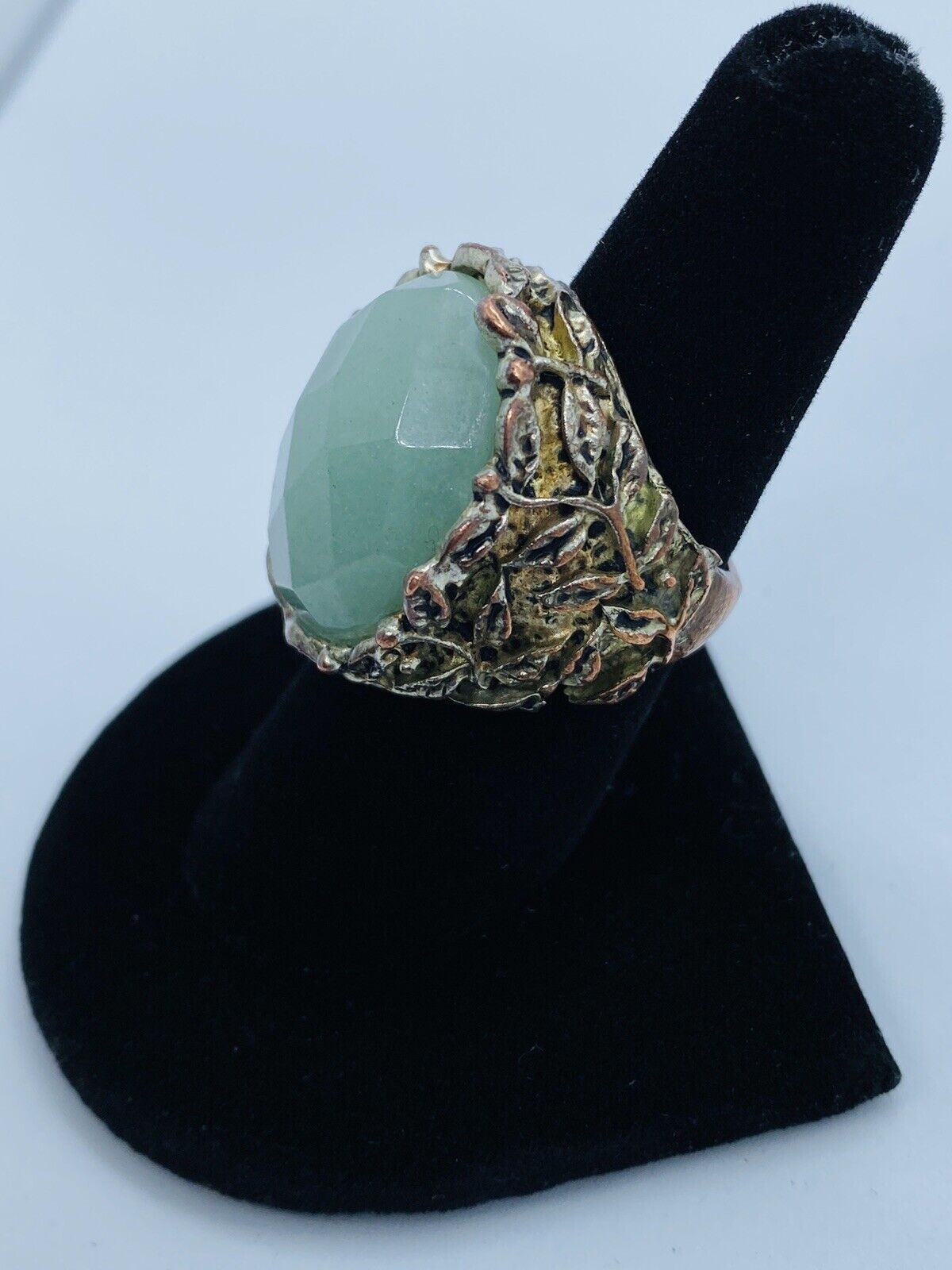 Antique Faceted Amazonite Cabochon Hand Worked Multi Metal Ring