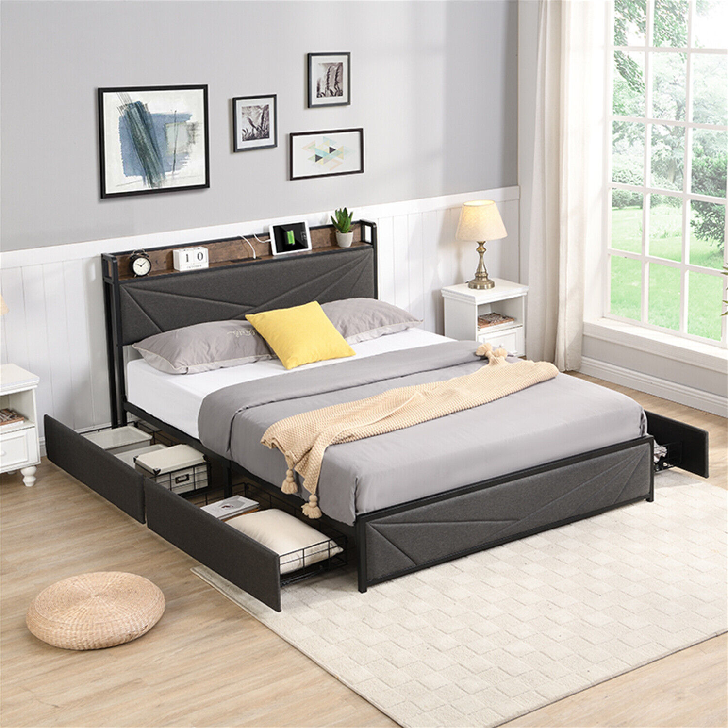 Full Size Bed Frame w/ Storage Headboard Upholstered Metal Platform Bed Frame