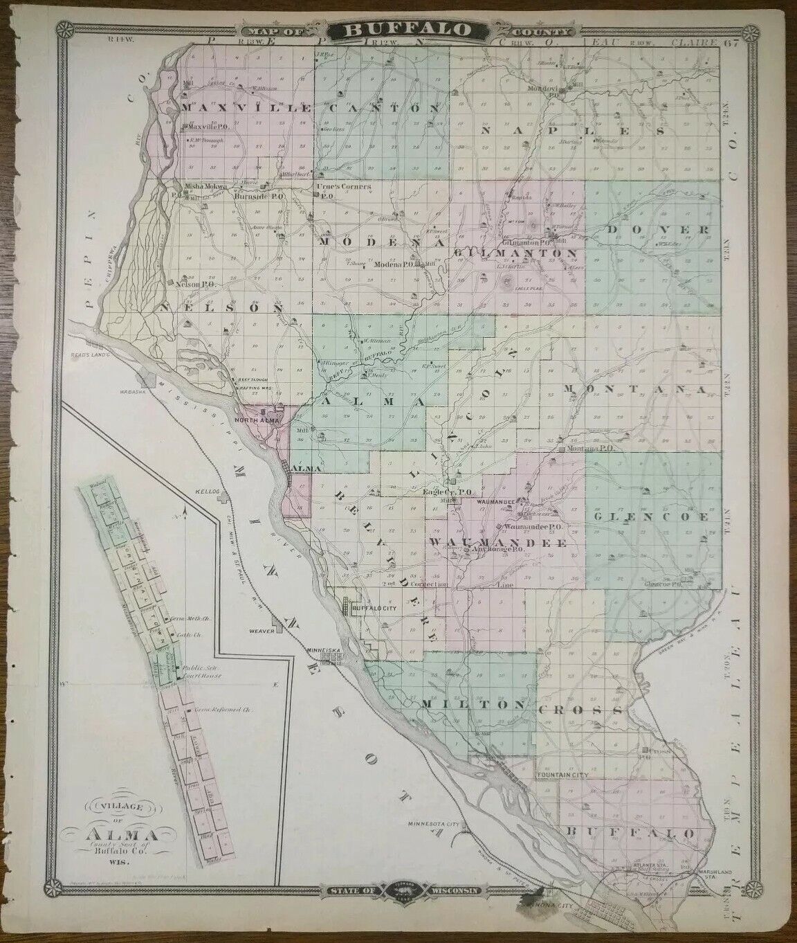 Vintage 1878 BUFFALO COUNTY WISCONSIN Map 14\