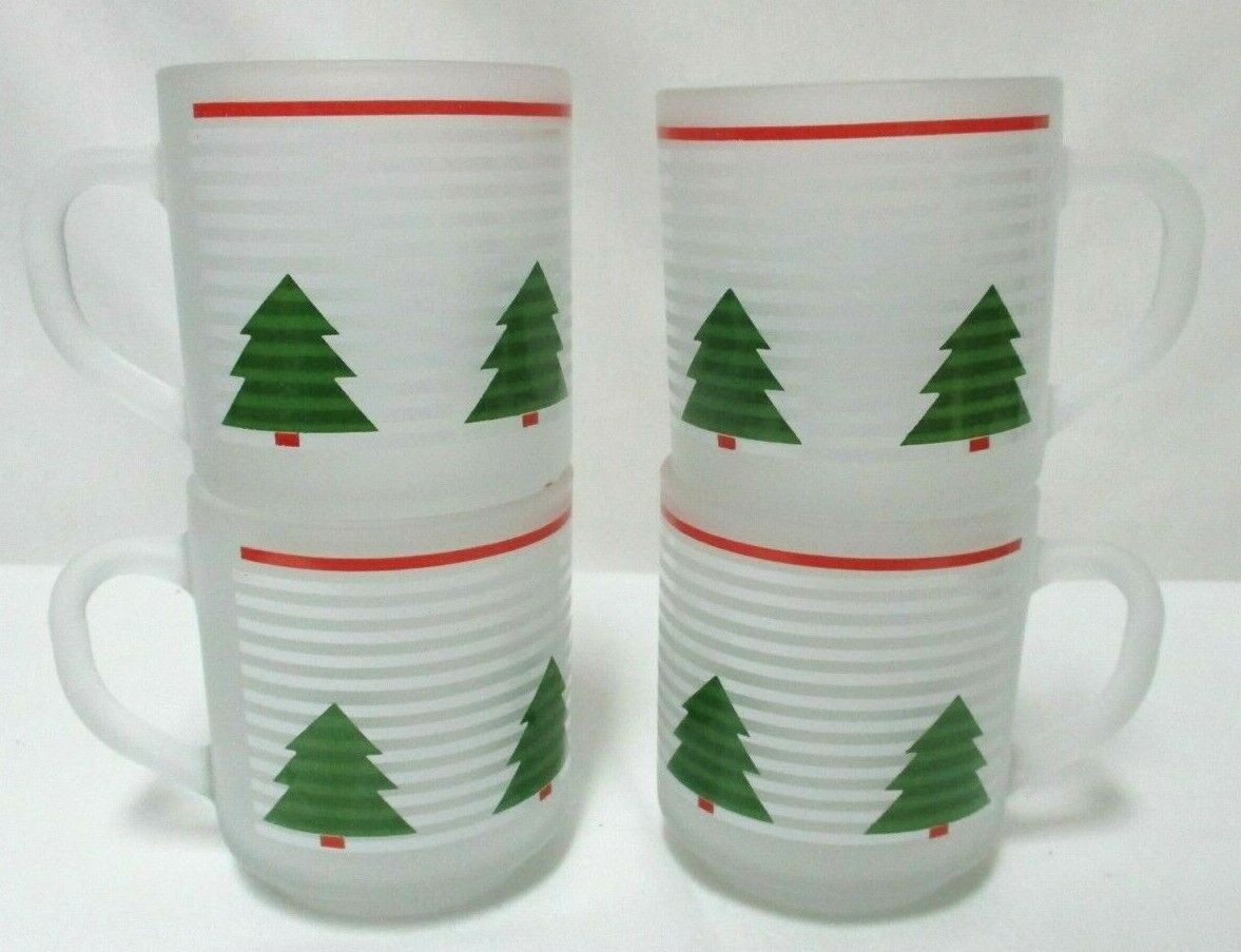Luminarc Vintage Christmas Frosted Cups Mugs w/ Trees red white green Set 4 NEW
