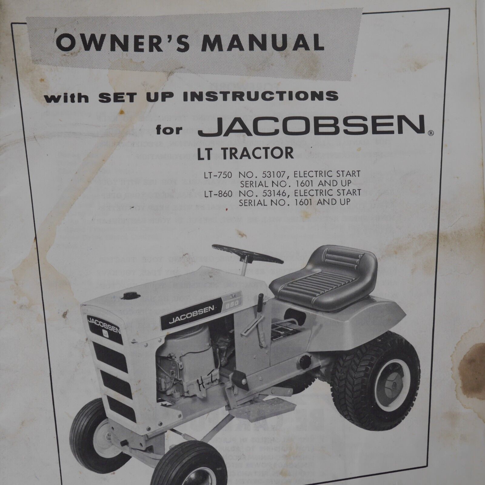 Vintage Jacobsen Tractor Manual Lt-750 Lt-860 53107 53146 Serial No. 1601 And Up