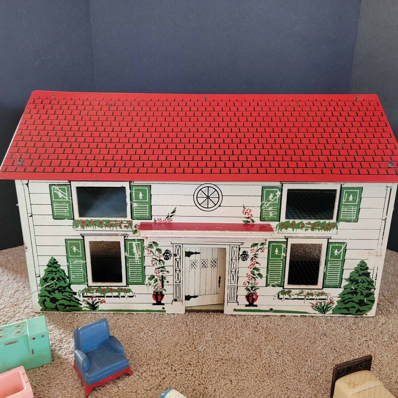 Vintage dollhouse ply board 2 story 1940s  Doll house misc furniture Red roof