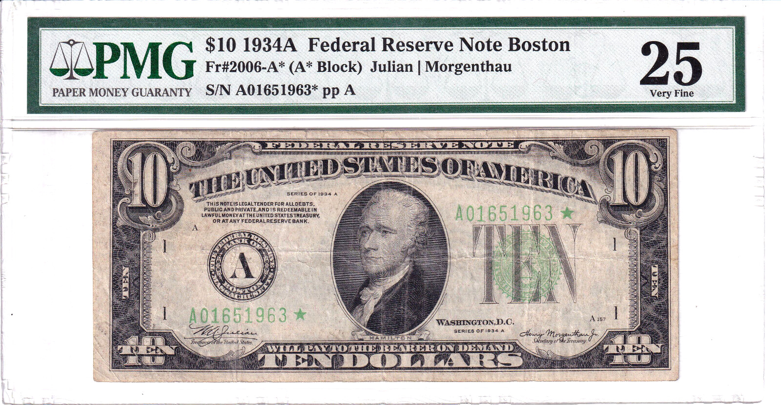 1934-A $10 FRN Boston *STAR* PMG Very Fine 25 #A01651963*