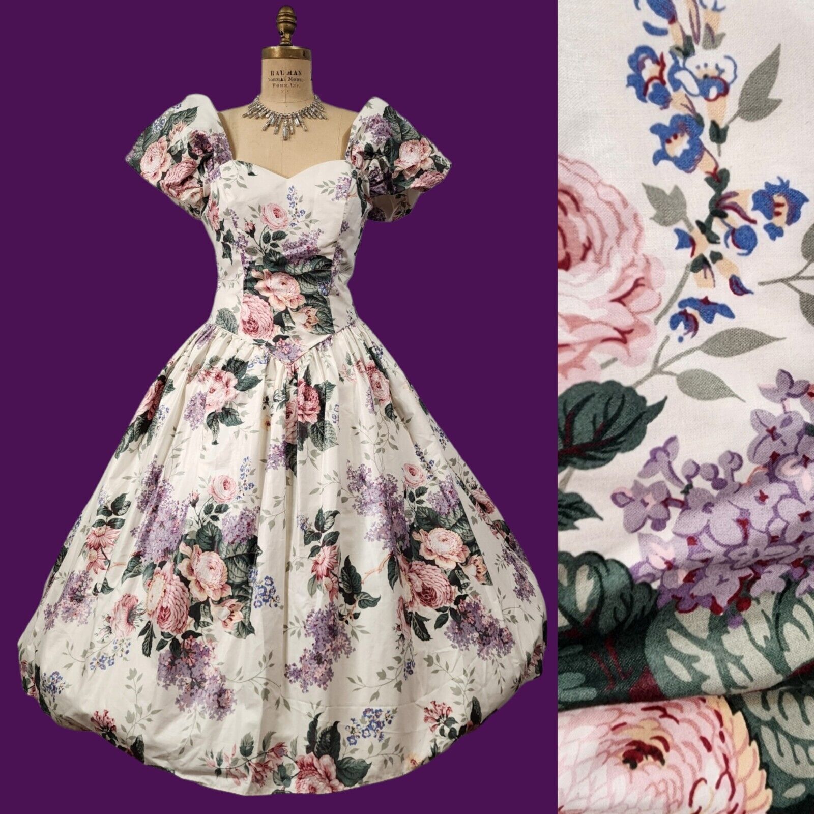 Vtg 80s Prom Dress Plus Sz XL Floral Laura Ashley Cotton Renaissance Civil War