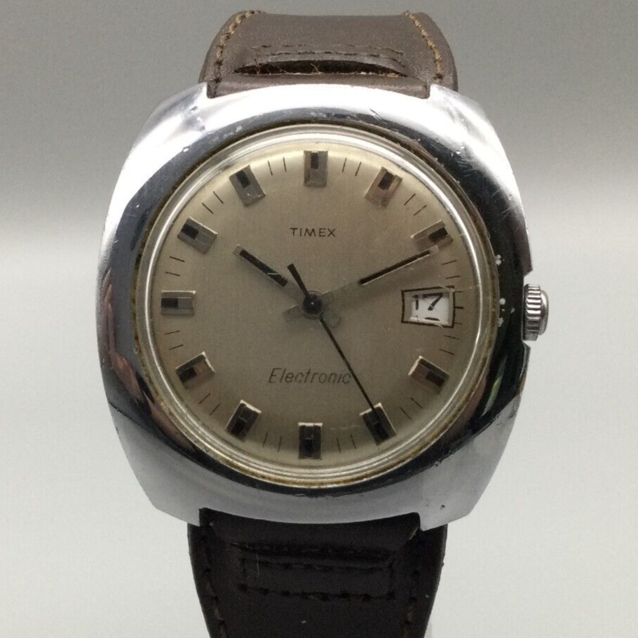 Vintage Timex Electronic Watch Men 37mm Silver Tone Date Leather New Battery