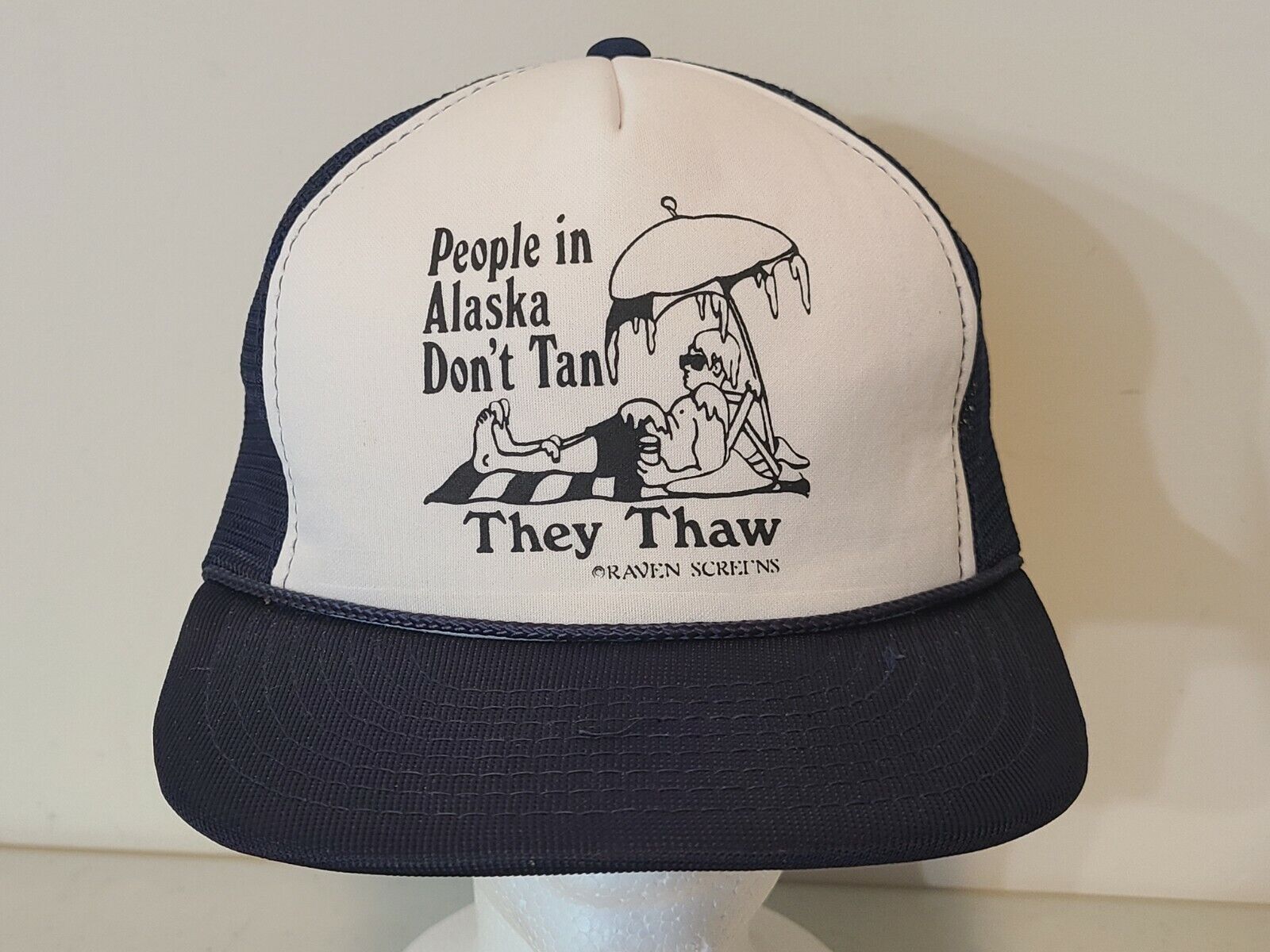 Vintage Alaska Trucker Hat Blue Snapback Mesh Style People Don\'t Tan They Thaw 