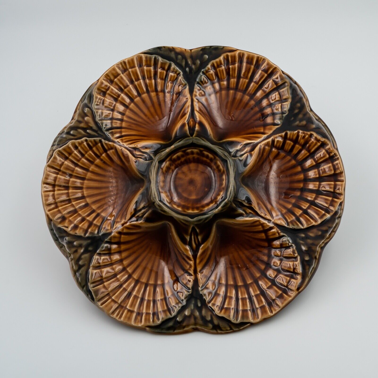 French Antique Majolica Oyster Plate SARREGUEMINES Signed Brown