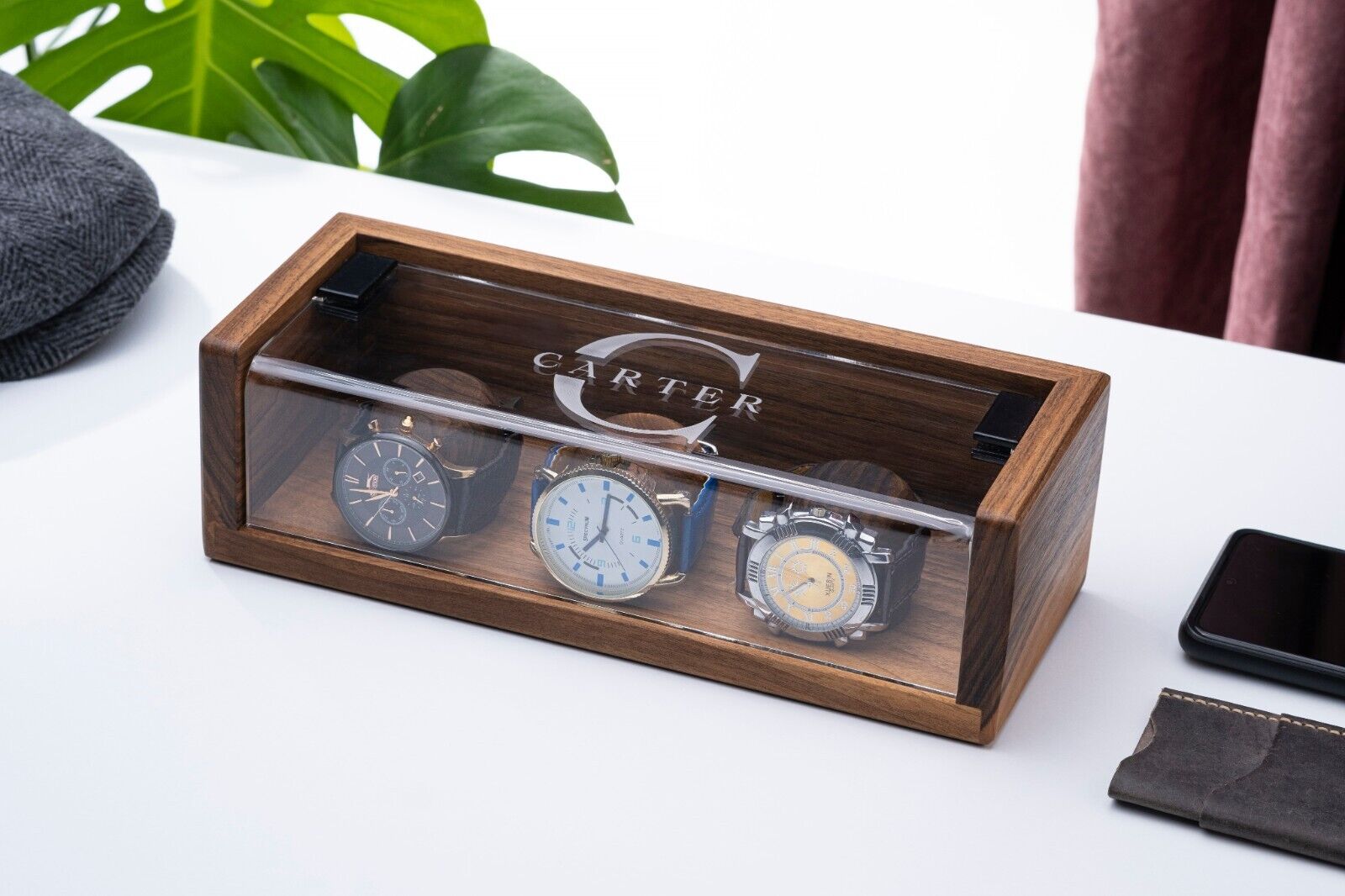 Custom Handmade Walnut Watch Holder, Personalized Watch Case with 3 Holder