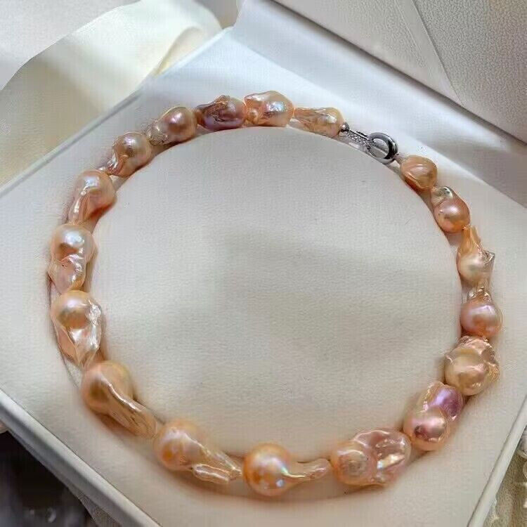 Gorgeous 18-20mm South Sea Baroque Gold Pink Pearl Necklace 17inch 925s