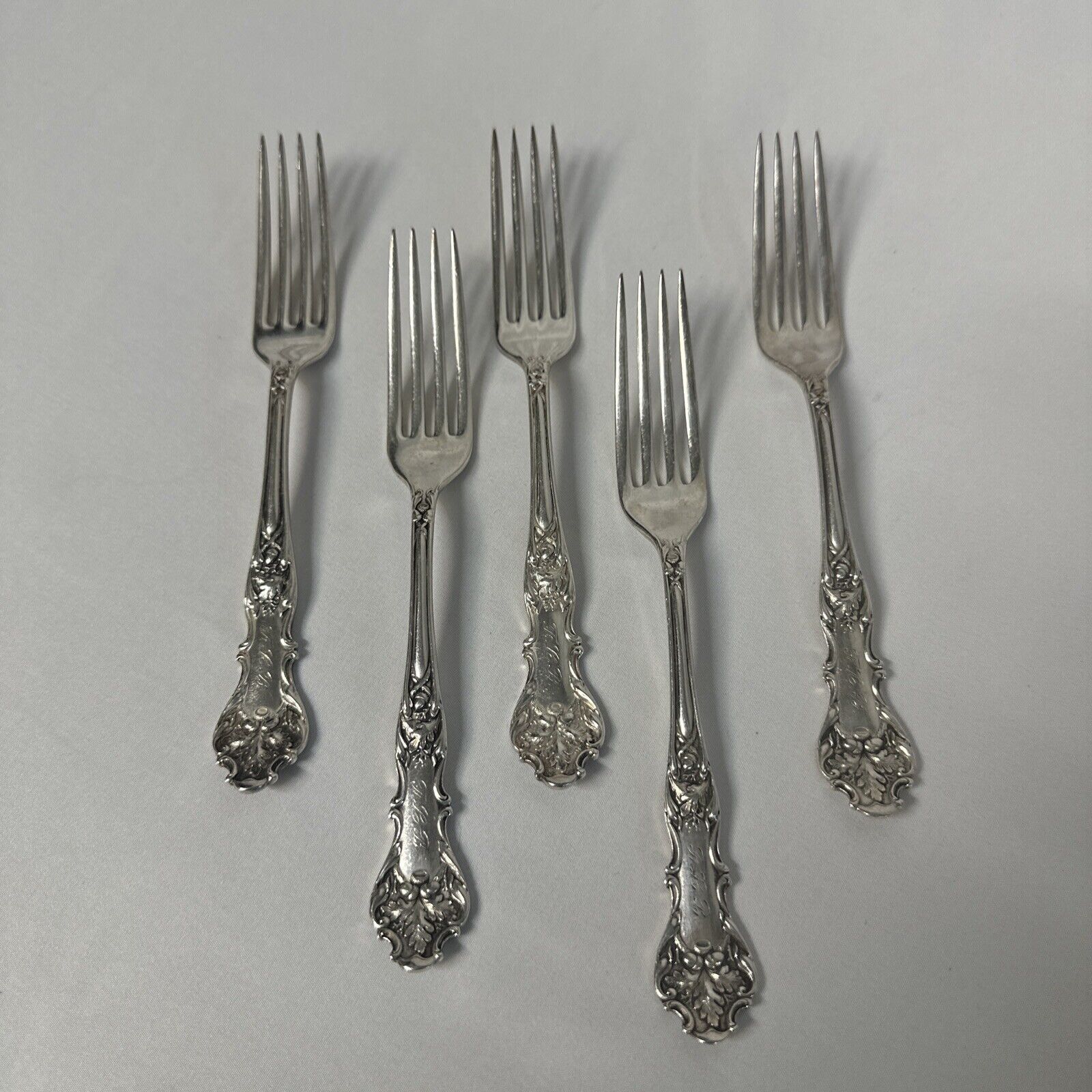 5- 1847 Rogers Bros  CHARTER OAK Silver Plate  Dinner Forks Ca. 1906 Monogramed