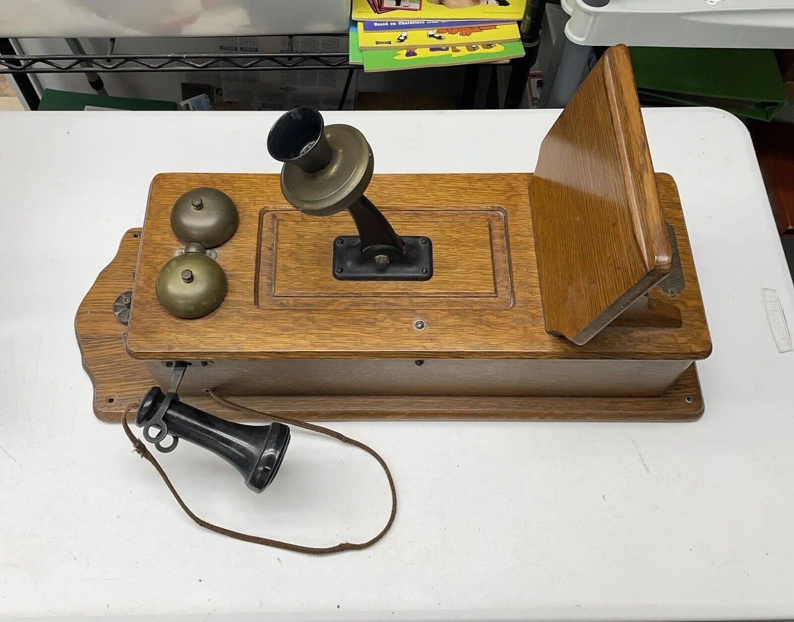 Antique Montgomery Ward & Co Hand Crank Wall Telephone, Early 1900\'s, Oak Wood