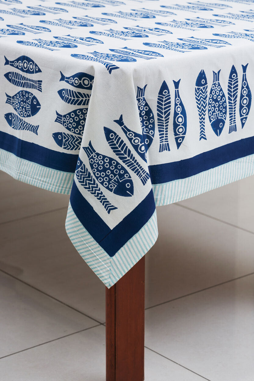 Sevya Handmade Tablecloth, Blue & White School Of Fish 100% Cotton-60x90in