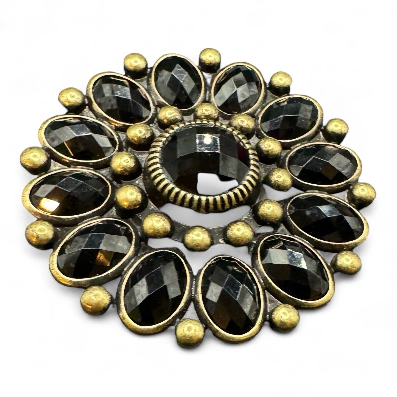 Vintage Premier Design Black Rhinestone On Brushed Gold Flower Brooch/Pendant
