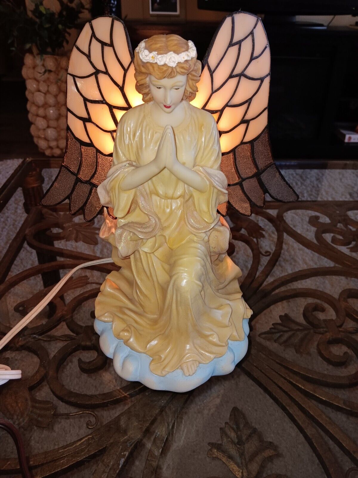Vintage Stained Glass Style Angel Lamp With Light 
