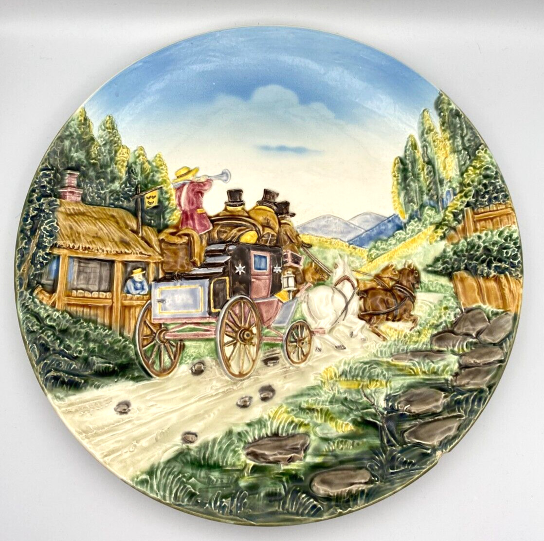 Vintage S & R Bas Relief Stagecoach Countryside Collector Plate 3806 W Germany