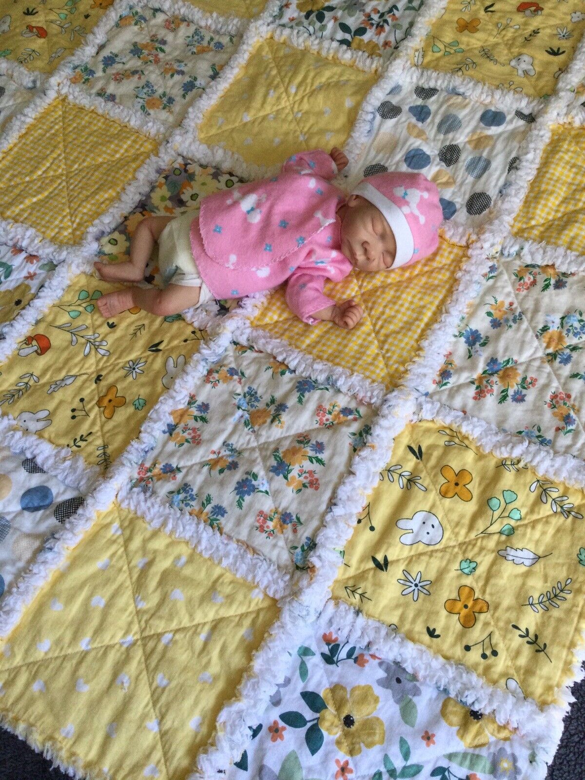 OOAK reborn baby doll flannel rag quilt yellow floral