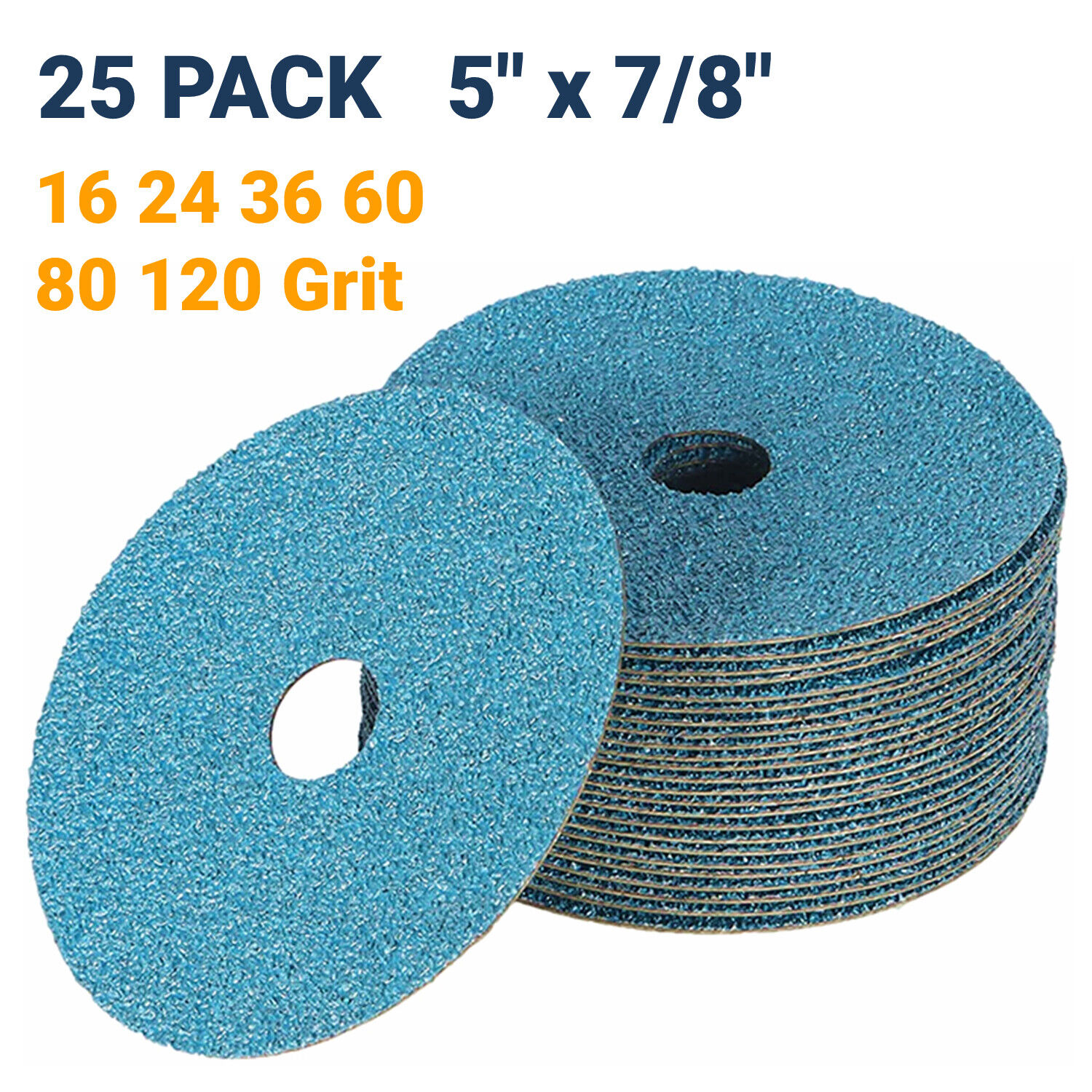 25 Pack 5 inch Zirconia Resin Fiber Disc 60 80 120 Grit Sanding Grinding Discs