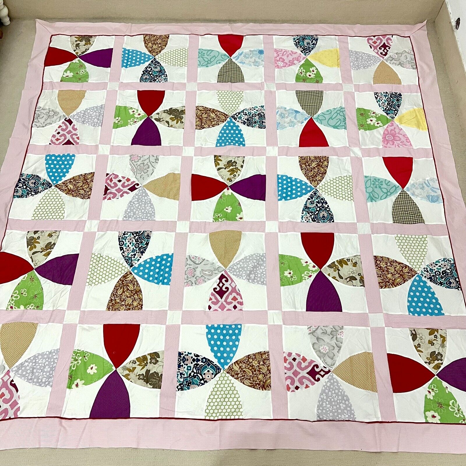 Handmade Cathedral Window Cotton Patchwork quilt top/topper 86x86\