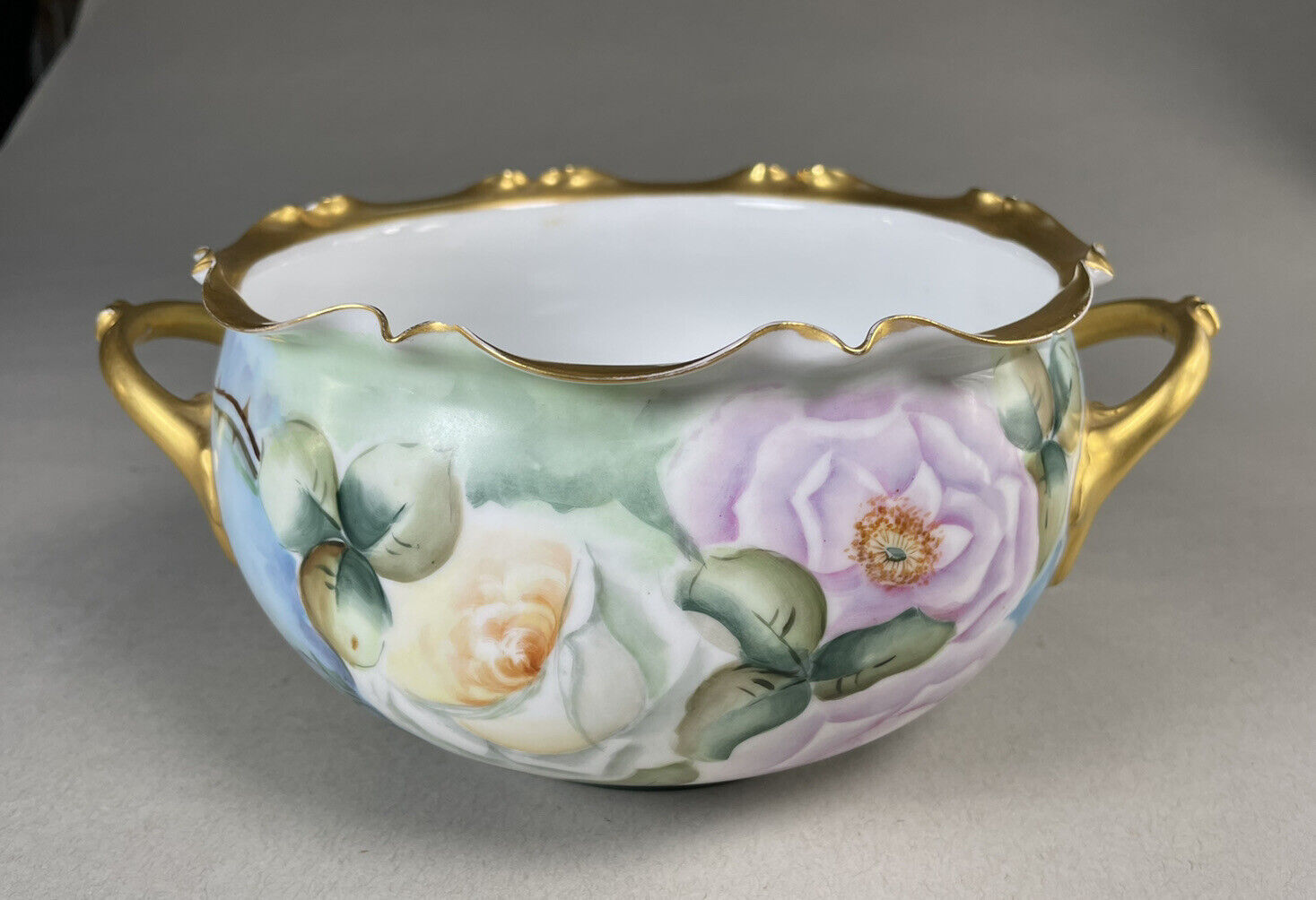 Antique R. G. Painted Bowl Bavaria Gilt  Ruffled Trim & Handles